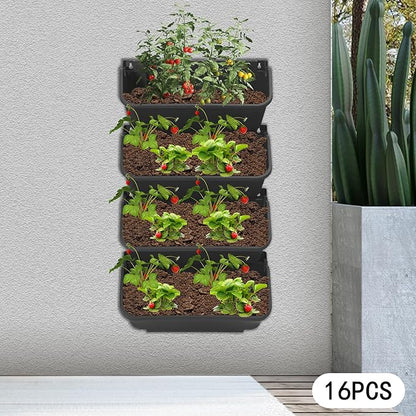 16 Pack Wall-Mounted Vertical Wall Planter Stackable Wall Planter Indoor Outdoor, Garden Self Watering Wall-Mounted Plastic Planter Plant Flower Pot Holder for Vegetable Fruit Herb