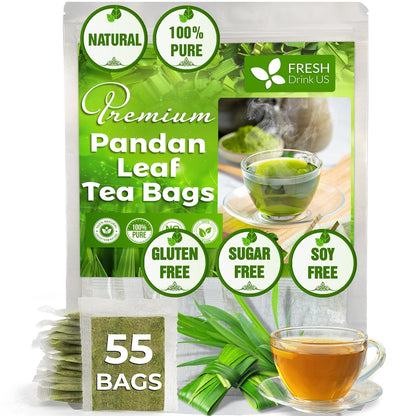 FreshDrinkUS, Premium 55 Pandan Leaf Tea Bags, 100% Natural & Pure from Pandan Leaves. Loose Leaf Pandan Herbal Tea. Made with Natural Material Tea Bags. No Sugar, No Caffeine, No Gluten, Vegan.