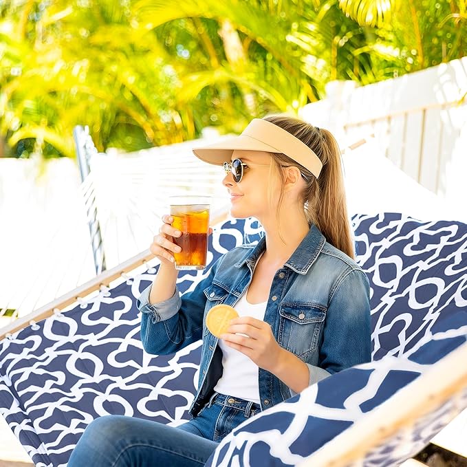 SUNCREAT Two Person Hammock with Stand, 475 lbs Capacity, Portable Patio Hammock with Hardwood Spreader Bar, Large Soft Pillow, Blue Pattern