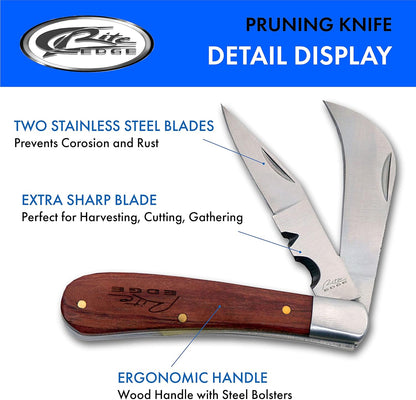 Rite Edge 4" Folding Pruning Knife – Dual Blade Pocket Knife for Men with Wood Handle, Clip Point & Curved Pruning Blade – Small Folding Pocket Knife for Gardening, Outdoor, and Everyday Carry (EDC)