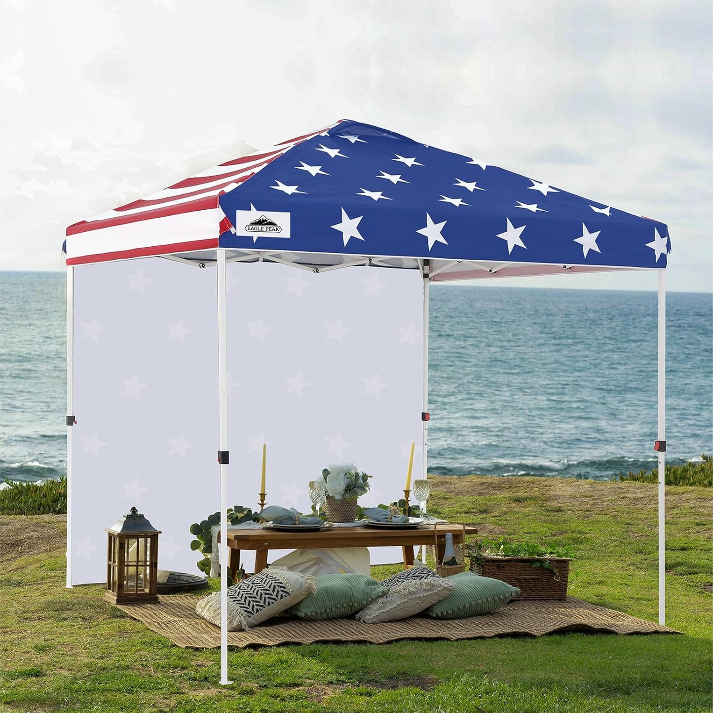 EAGLE PEAK Pop Up Canopy Tent with 1 Sidewall, Easy Setup Event Tent, Outdoor Sun Shade, Wheeled Carry Bag, Stakes and Guy Ropes, Instant Canopy 8x8, American Flag