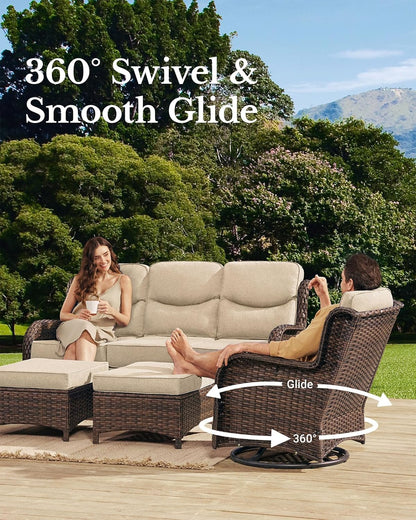 HILLGA Luxury Patio Furniture Set with 6-inch Thick Cushion, Outdoor Couch and High Back Swivel Rocker Patio Chairs, 10PCS Wicker Conversation Set for Deck Yard and Poolside, Beige (V2)