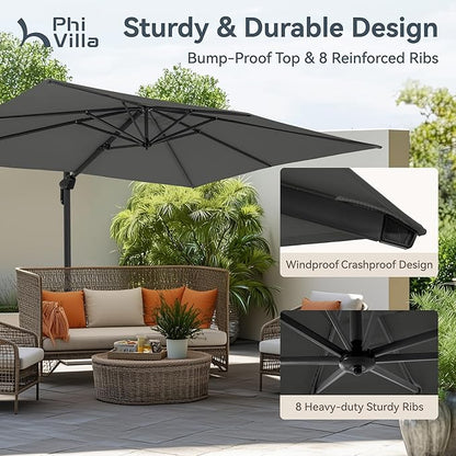 PHI VILLA 10ft Patio Umbrella with Base. 360° Rotation & 7-Level Tilt Outdoor Cantilever Umbrella with Easy Crank Handle. Square Offset Umbrella Heavy Duty for Garden Poolside Backyard (Grey)