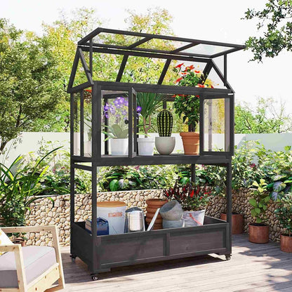 Wooden Cold Frame Greenhouse with Wheels, Portable Fir Garden Plant House with Storage Box, Openable Roof for Seedlings, Herbs, Winter Crops, Perfect for Patio, Balcony, Garden