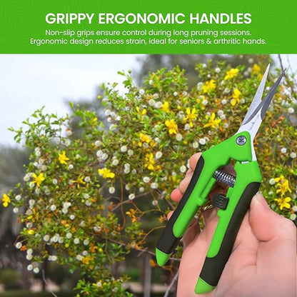Garden Guru Razor Sharp Snip – Professional Garden Pruning Shears Trimmers Scissors – Super Sharp Micro-Tip Precision Stainless Steel Blades - Easy on Arthritic Hands - Soft Ergonomic Handles (2 Pack)