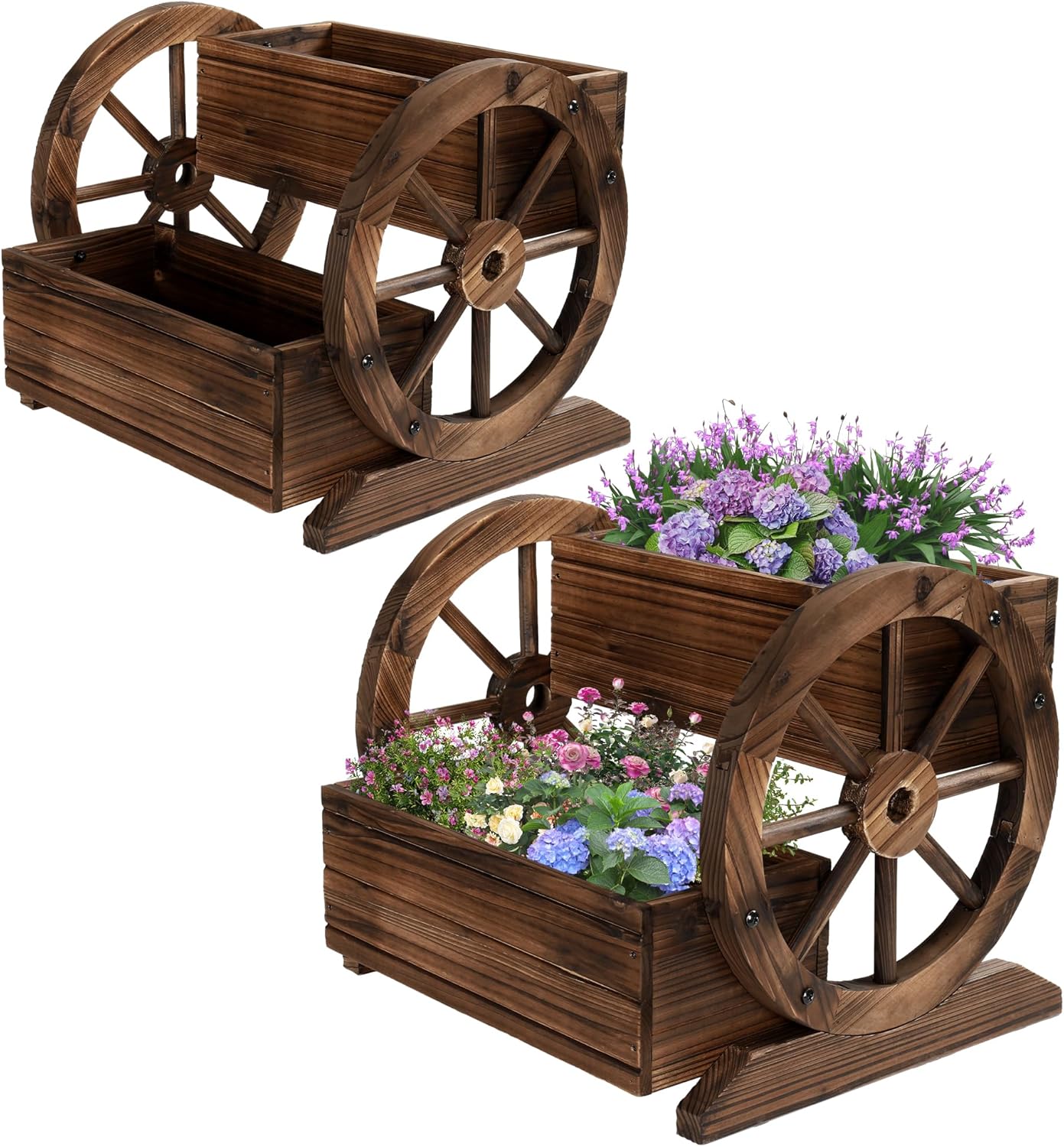 2PCS Wooden Wagon Planter Box, Garden Planter with Wheels,Decorative for Flowers Herbs Vegetables for Indoor & Outdoor Decor,Wooden Flower Cart for Patio Garden Balcony