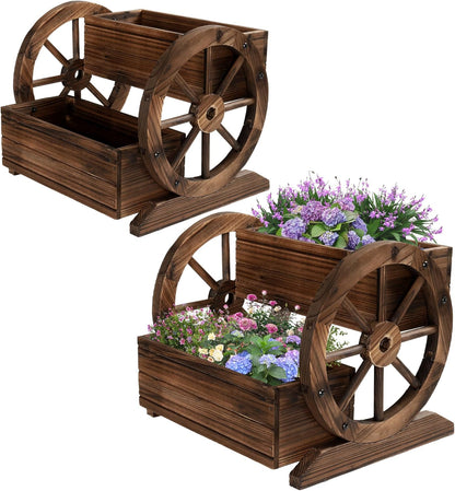 2PCS Wooden Wagon Planter Box, Garden Planter with Wheels,Decorative for Flowers Herbs Vegetables for Indoor & Outdoor Decor,Wooden Flower Cart for Patio Garden Balcony