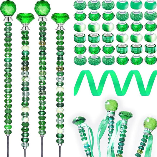 119 Pcs Garden Stake DIY Fairy Wand Plant Stake with Green Large Hole Beads Crystal Diamond Stopper Top 4 Stainless Steel Threaded Rod Beaded Garden Stakes for Outdoor Indoor Yard Patio Decorations