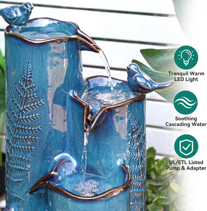 32" Tall Outdoor Fountain, Ceramic Vase Water Fountain withs Lights, 4-Tier Waterfalls with Birds, Tranquil Oasis for Garden Patio Yard Deck Balcony Decor, Tropical Fern, Turquoise Glaze