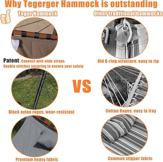 TegerDeger 12FT 2 Person Hammock with Stand Included 55 x 79IN Large Hammock 450LB Capacity with Hardwood Spreader Bar & Nylon Rope for Outside, Patio, Garden, Backyard, Beach, Poolside - Lake Blue
