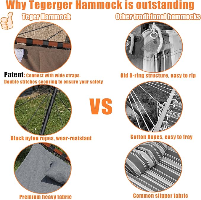 TegerDeger 12FT 2 Person Hammock with Stand Included 55 x 79IN Large Hammock 450LB Capacity with Hardwood Spreader Bar & Nylon Rope for Outside, Patio, Garden, Backyard, Beach, Poolside - Beige