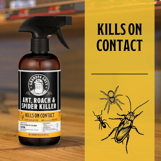 Grandpa Gus's Natural Ant Roach Spider Killer Spray, Fast-Acting Plant-Based Insect Control, Safe for Kids Pets, Indoor Outdoor Use, Non-Greasy, Fresh Scent, 16 fl oz