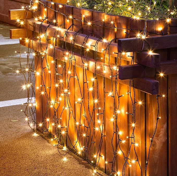 Fairy Lights Outdoor String Lights 33ft 100 LED with Memory Modes Controller, Extendable Christmas Lights Decorations for Wedding, Christmas, Party, Patio, Indoor Outdoor (Black Wire- Warm White)