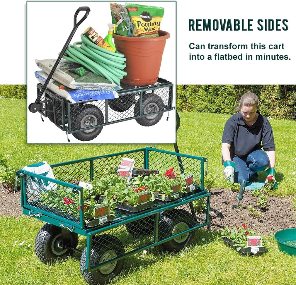 BestMassage Heavy Duty 500 Lbs Capacity Mesh Steel Garden Cart Folding Utility Wagon with Removable Sides for Beach Lawn Yard Landscape (Deep Green)