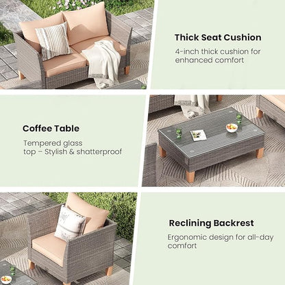 Soohow 5-Piece Patio Furniture Set, Outdoor Furniture with Coffee Table, Loveseat & 2 Single Chairs, 4-Inch Thickened Cushions with Water/Oil/Stain-Resistant Fabric (Beige Cushion + Gray Wicker)