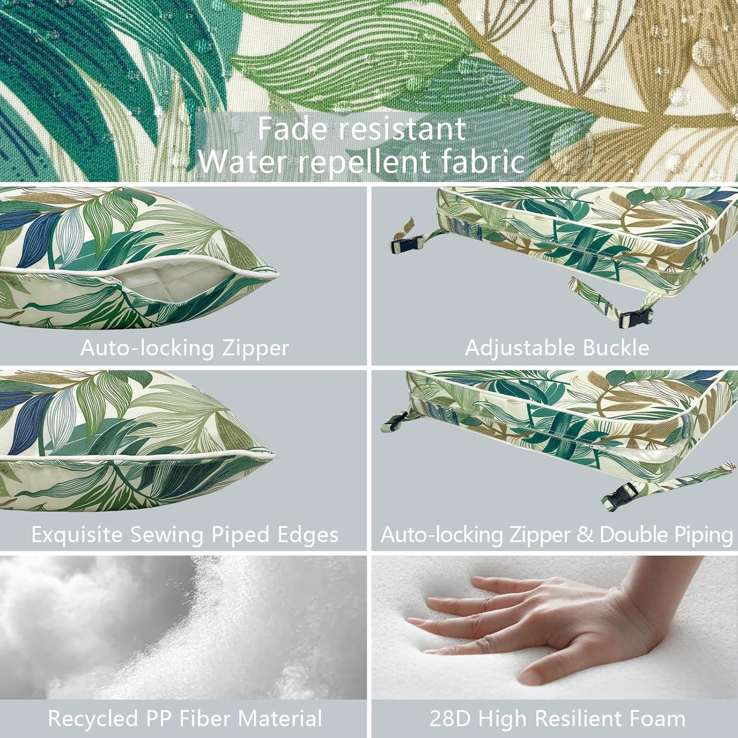 LVTXIII Outdoor Deep Seat Cushion Patio Seat and Back Cushion Set Seasonal Chair Cushion with Removable Cover and Adjustable Buckle for Home and Garden, 22"x22"x4", Lush Leaf Green