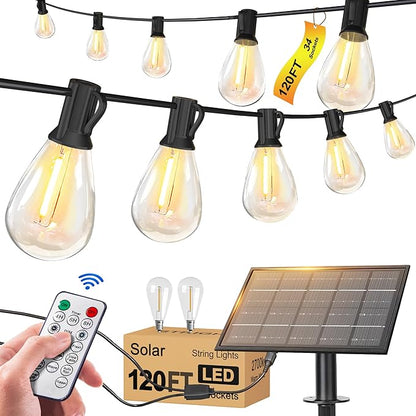 Solar String Lights for Outside 120FT with Remote 8 Lights Mode, Weatherproof Shatterproof S14 LED Bulb 34 Sockets, Outdoor Patio Light for Backyard Porch Cafe
