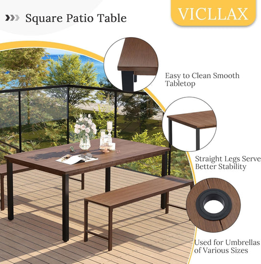 VICLLAX Patio Dining Set for 6, Outdoor Furniture Set Includes 63" Rectangle Patio Table and 6 Patio Sling Chairs, Outdoor Table and Chairs for Outsides, Walnut Tabletop and Brown Fabric