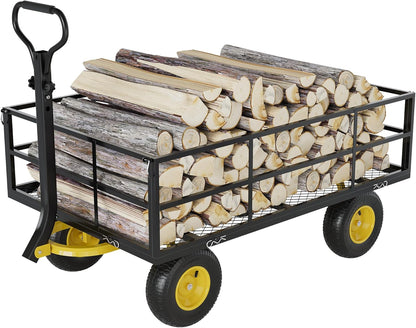 3-in-1 Heavy-Duty Steel Garden Cart, 1200 Lbs Garden Wagon, with 13 Inch All-Terrain Tires and Removable Mesh Side Panels, 180° Rotating Handle, Metal Multi-Function Carts, Outdoor Gardens Wagon Cart