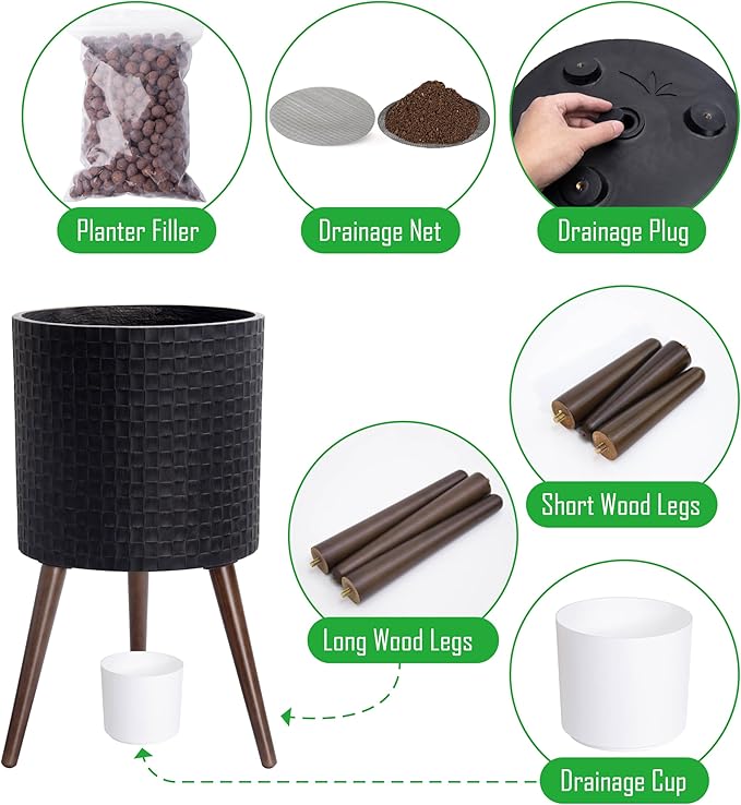 D'vine Dev 14 Inch Modern Geometric Tile Patterned Sleek Planter Pot with Stand, Indoor Outdoor Decorative Plant Holder, Distressed Black, 88-Z-D-5