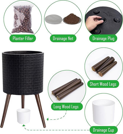 D'vine Dev 14 Inch Modern Geometric Tile Patterned Sleek Planter Pot with Stand, Indoor Outdoor Decorative Plant Holder, Distressed Black, 88-Z-D-5