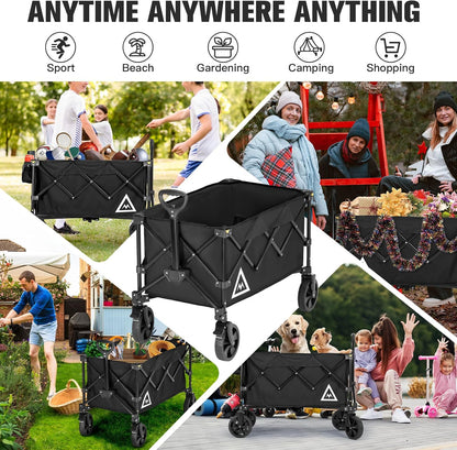 Wagon Cart Shopping Foldable Folding Collapsible with Wheels Big On Beach Garden Outdoor Grocery Heavy Duty Utility All Terrain Portable Wagons Carts for Groceries Sand Camping Sports Black