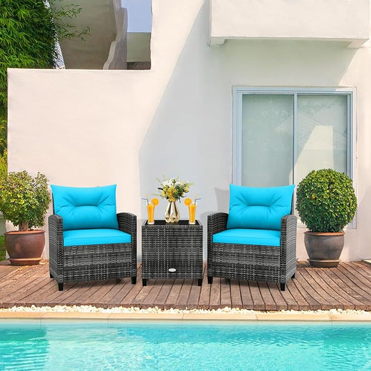 RELAX4LIFE 3 Piece Patio Furniture Set, Wicker Bistro Conversation Set w/2 Cushioned Armchairs & Glass Topped Table, Outdoor Rattan Sofa Set Patio Furniture for Porch Balcony Poolside (Grey-Turquoise)