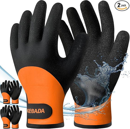 Kebada T2 Waterproof Work Gloves for Men and Women, Thermal Warm Winter Working Gloves, Insulated Freezer Gloves for Cold Weather, 100% Latex Coating, Wrist Closure, 2 Pairs, Orange, Small