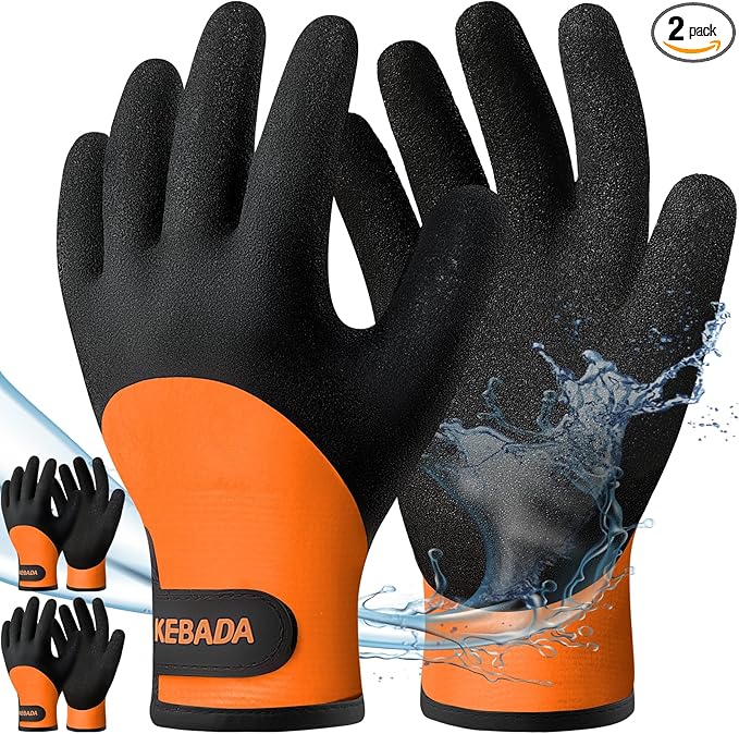 Kebada T2 Waterproof Work Gloves for Men and Women, Thermal Warm Winter Working Gloves, Insulated Freezer Gloves for Cold Weather, 100% Latex Coating, Wrist Closure, 2 Pairs, Orange, Medium