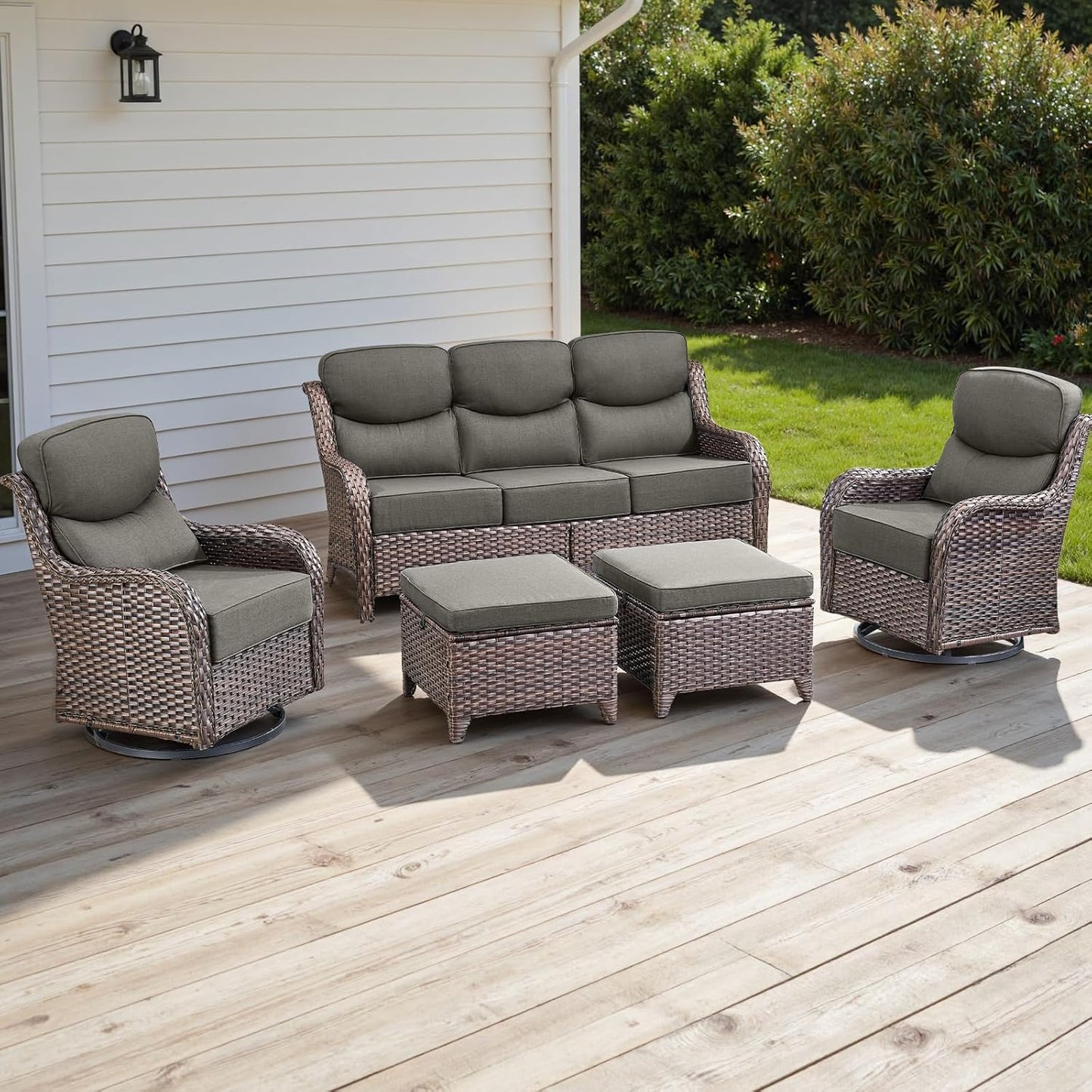 Wicker Outdoor Patio Furniture Set - 5 Piece Patio Conversation Sets with Swivel Rocker Chairs, Ottomans and Sofa, 6 inch Cushions, Waterproof Wicker, for Porch Deck Brown/Grey