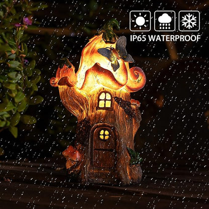 Fairy Garden Accessories Outdoor Statues, Mushroom House Decor,Large Gnome Solar Powered Lights Sculptures,Pink Resin Figurine Butterfly Figurines Lawn Ornaments for Patio Yard Decorations 11Inch