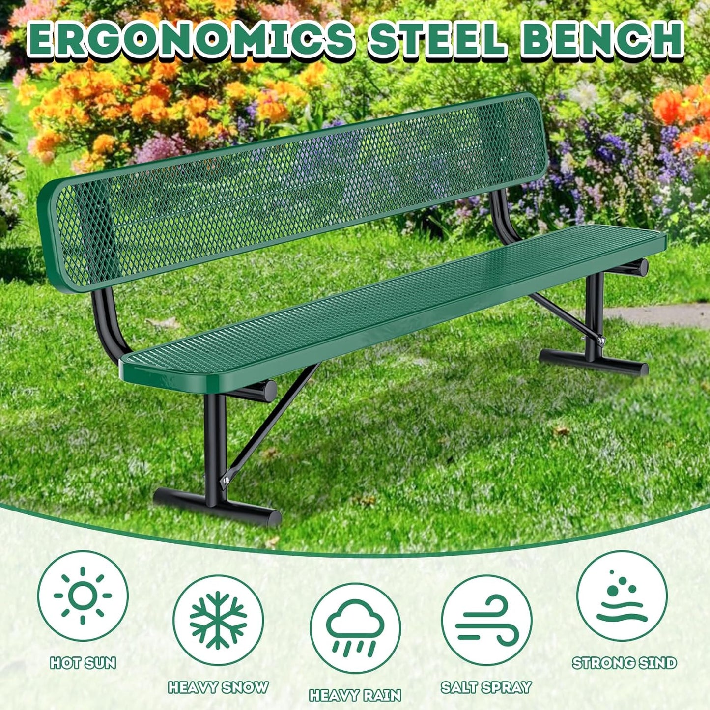 Heavy Duty Park Bench for Outside, Metal Park Bench with Back Portable Frame, Outdoor Steel Mesh Garden Bench with Backrest for Garden, Lawn, Patio, Porch, Park, Yard (Green, 8FT/95INCH)