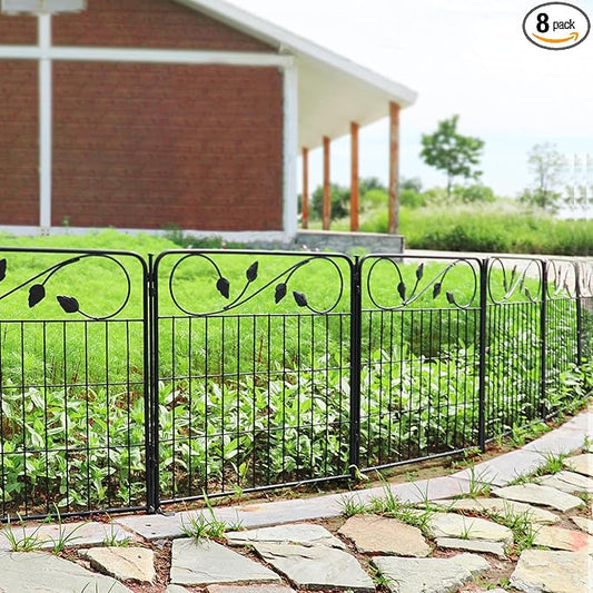 Decorative Black Garden Fencing 24in(H) X16ft(L) 8 Panels Metal Wire Edging Patio Landscape Flower Border Garden Fence for Dogs Animal Barrier for Outdoor
