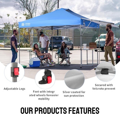 CROWN SHADES 10x10 Pop up Canopy Tent, Instant Commercial Canopy with Extend Awning, Patended Centerlock, 150D Silver Coated Fabric, 4 Ropes, 8 Stakes, 4 Weight Bags, STO 'N Go Bag, Blue