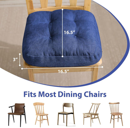 Chair Cushions for Dining Chairs, Dining Chair Cushions, Tufted Indoor Chair Pads with Ties & Non Slip Backing, Seat Cushions for Kitchen Chairs 16.5” x 16.5” x 3.5”, Set of 6, Navy Blue