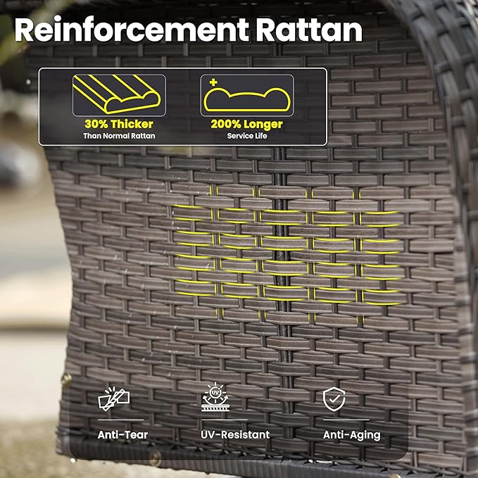 ovios 3 Pieces Patio Furniture Set, Outdoor Rocking Chairs of 2, Wicker Swivel Glider Chairs with Side Table Thick Cushions, All Weather Rattan Bistro Set for Porch, Denim Blue