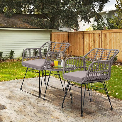 3 Piece Wicker Patio Bistro Furniture Set, Includes 2 Rattan Chairs and Glass Top Table, Ideal for Porch, Outdoor, Backyard, Apartment, Balcony, Grey