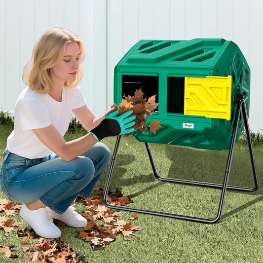 Compost Bin, Outdoor Composter, Fast Assembly 43 Gallon Dual Chamber Outdoor Compost Tumbler, Heavy Duty Tumbling Rotating Composter for Patio, Garden,Yard, Green, Easy Setup, Gloves Included