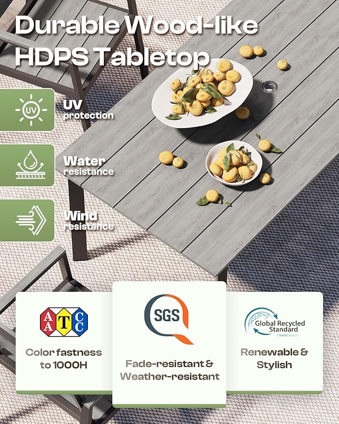 Outdoor Dining Set for 6, Patio Table and Chairs Set with Umbrella Hole, 7 Pieces HDPS Outdoor Furniture Sets for Patio, Garden, Backyard (Gray)