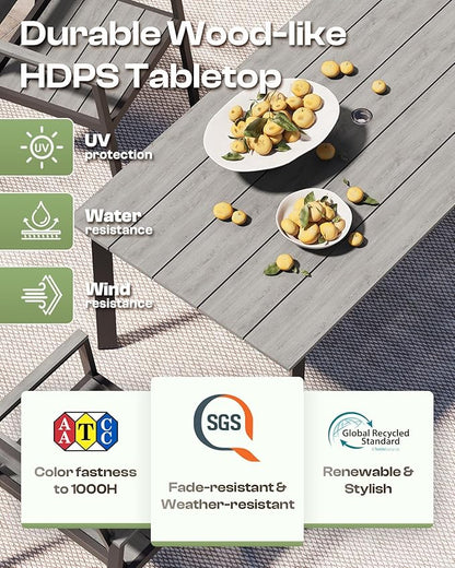 Outdoor Dining Set for 6, Patio Table and Chairs Set with Umbrella Hole, 7 Pieces HDPS Outdoor Furniture Sets for Patio, Garden, Backyard (Gray)