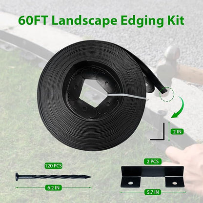 Landscape Edging Border 60 FT 2 Inch Tall with 120 Spikes, Plastic Edging for Landscaping, Garden Edging Border， Flower Bed, Paver and Lawn Edging Border, Black