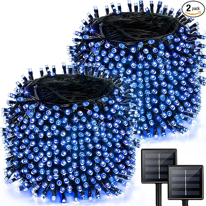 2 Pack 480 LED Solar Chrismas Lights Outdoor, 170 FT Super Long Solar String Lights for Outside with 8 Modes & Memory Function, Waterproof Twinkle Light for Xmas Tree Yard Party Decorations (Blue)