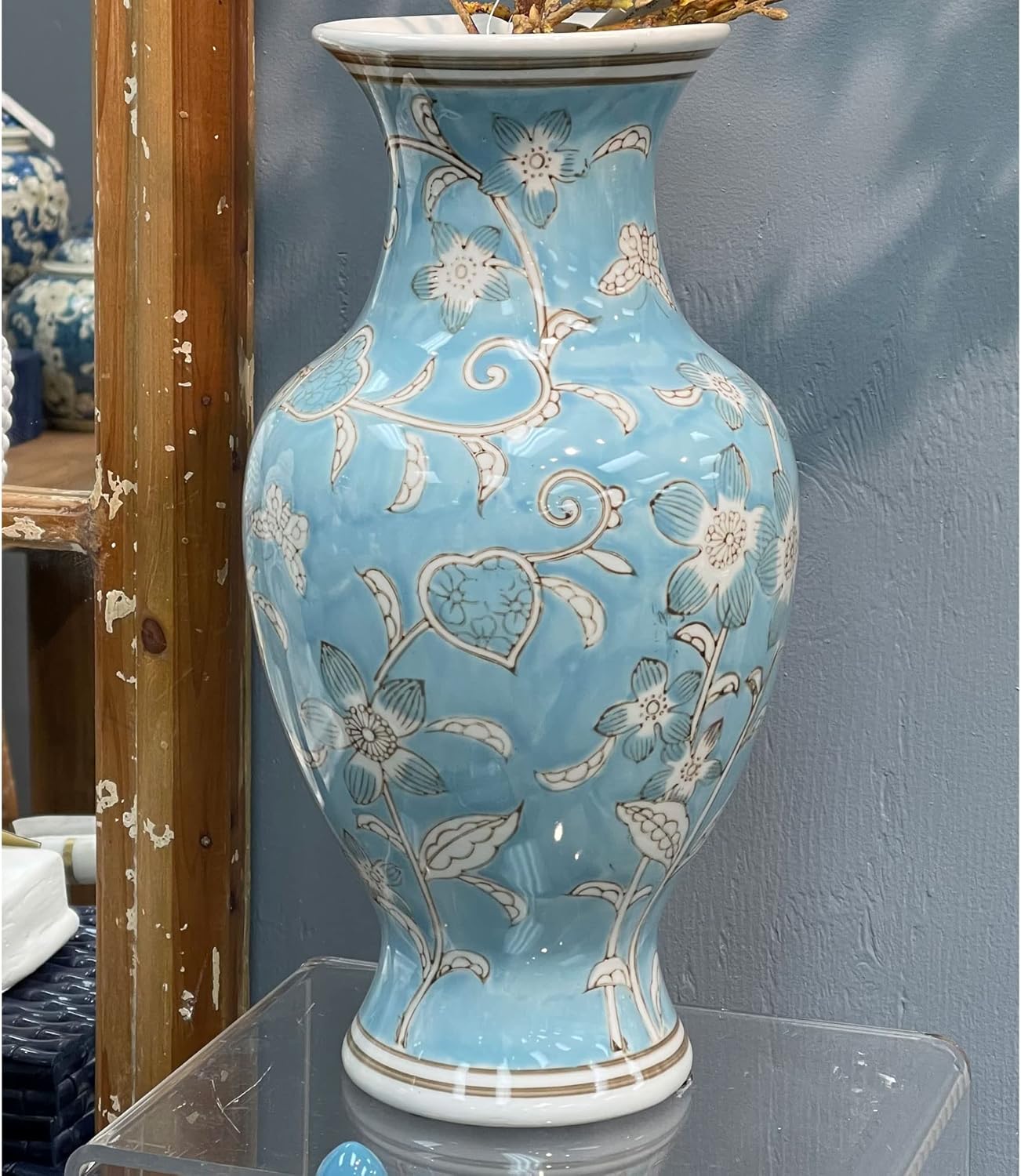 Galt International Light Blue and White Flower & Heart Chinoiserie Ceramic Vase 14"- Hand Painted Antique Style Porcelain Flower Bottle Fishtail Porcelain Chinese Vase for Home Decor Centerpiece