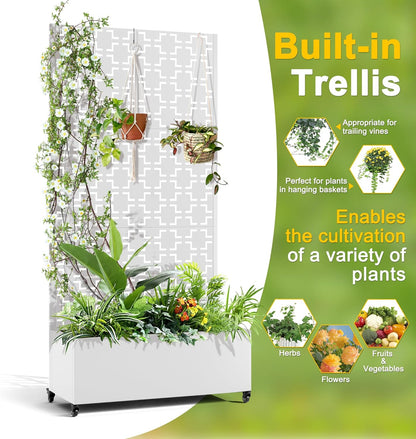 FENCY Metal Raised Garden Bed with Wheels and Trellis,73"x35"x16" Planter Box for Climbing Plants, Vegetables & Vines, Features Privacy Screen and Drainage Holes (White-Square)