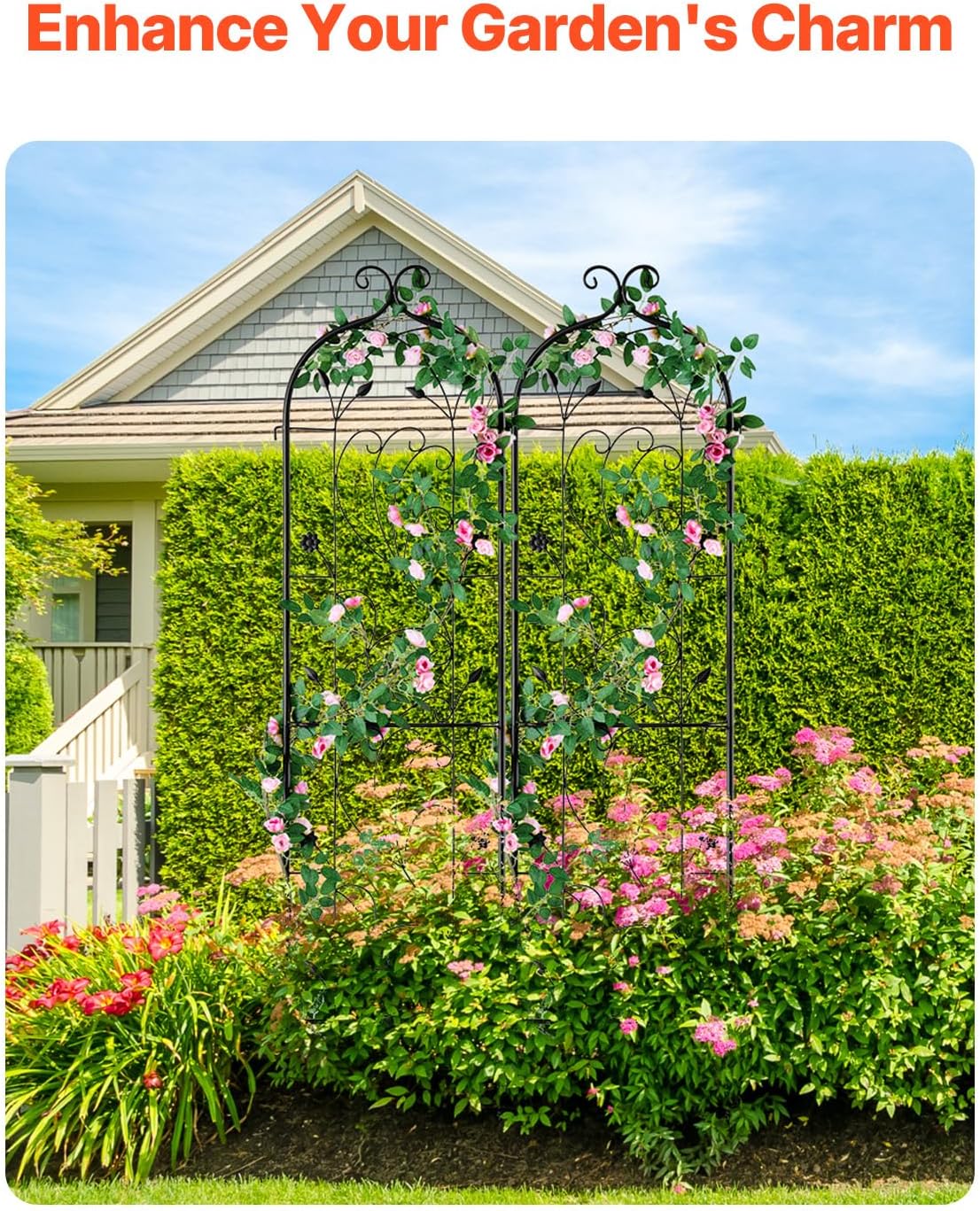 VEVOR Garden Trellis for Climbing Plants, 60 x 15 in, 2 Packs Rustproof Metal Garden Flower Trellis, Outdoor Climbing Rose Trellis Cucumbers Support, Decorative Clematis Trellis for Courtyards Lawns