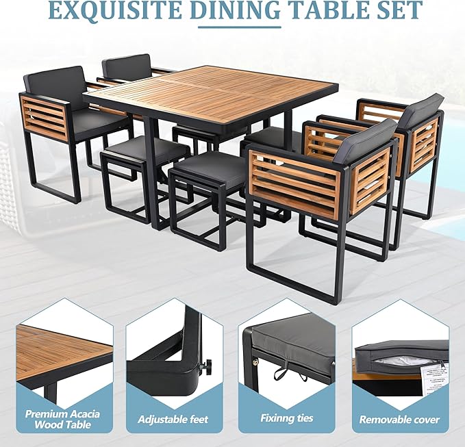 Merax 9 Pieces Outdoor Dining Set for 8 People, Acacia Wood Patio Furniture Sets with 1 Square Table, 4 Cushioned Chairs and 4 Ottomans for Backyard, Garden, Lawn, Poolside, Space Saving Design, Gray