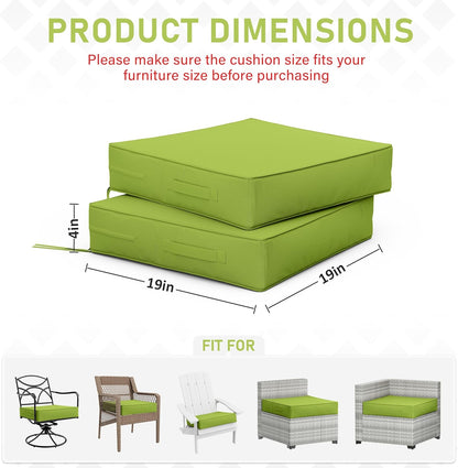 Patio Chair Cushions 19 X 19 X 4 Inch Waterproof Outdoor Seat Cushions for Patio Furniture, Outdoor Sofa Couch Pads with Ties & Handle, Set of 2, Grass Green