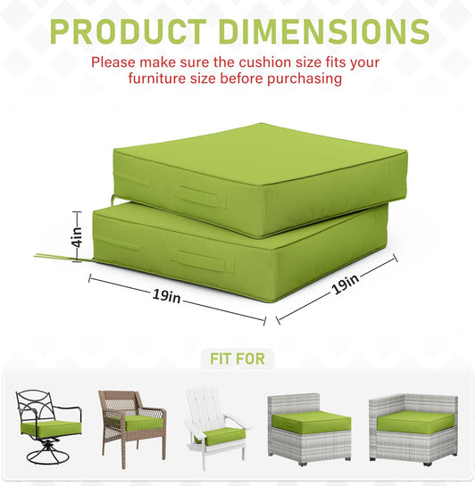 Patio Chair Cushions 19 X 19 X 4 Inch Waterproof Outdoor Seat Cushions for Patio Furniture, Outdoor Sofa Couch Pads with Ties & Handle, Set of 2, Grass Green