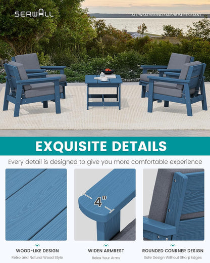 SERWALL Outdoor Patio Furniture Set, 5 Piece HDPE Patio Conversation Sets, All-Weather Wood-Like Outdoor Couch Loveseat and Coffee Table with Thick Cushions for Porch Balcony Garden Backyard