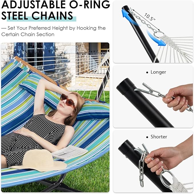 Tangkula 10.5FT Double Hammock, Heavy Duty Outdoor Hammock with Curved Spreader Bars, Detachable Pillow, 2 Person Hammocks for Outside, Porch, Patio (Stand is not Included) (Blue+Green)